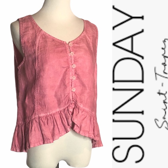 Sunday St Tropez Pink Linen Ruffle Tank S - Picture 1 of 14
